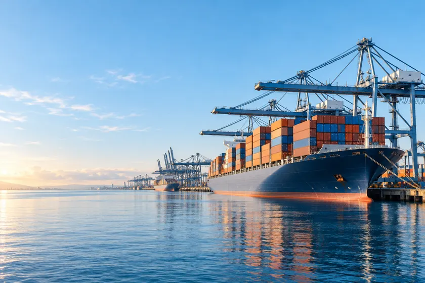 Cargo ship and containers at a port