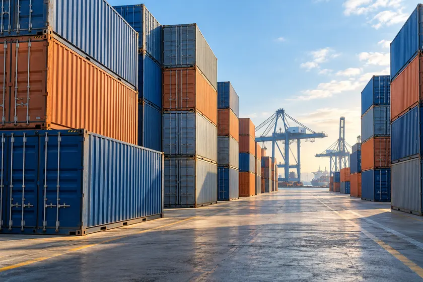 Freight containers stacked at a cargo terminal